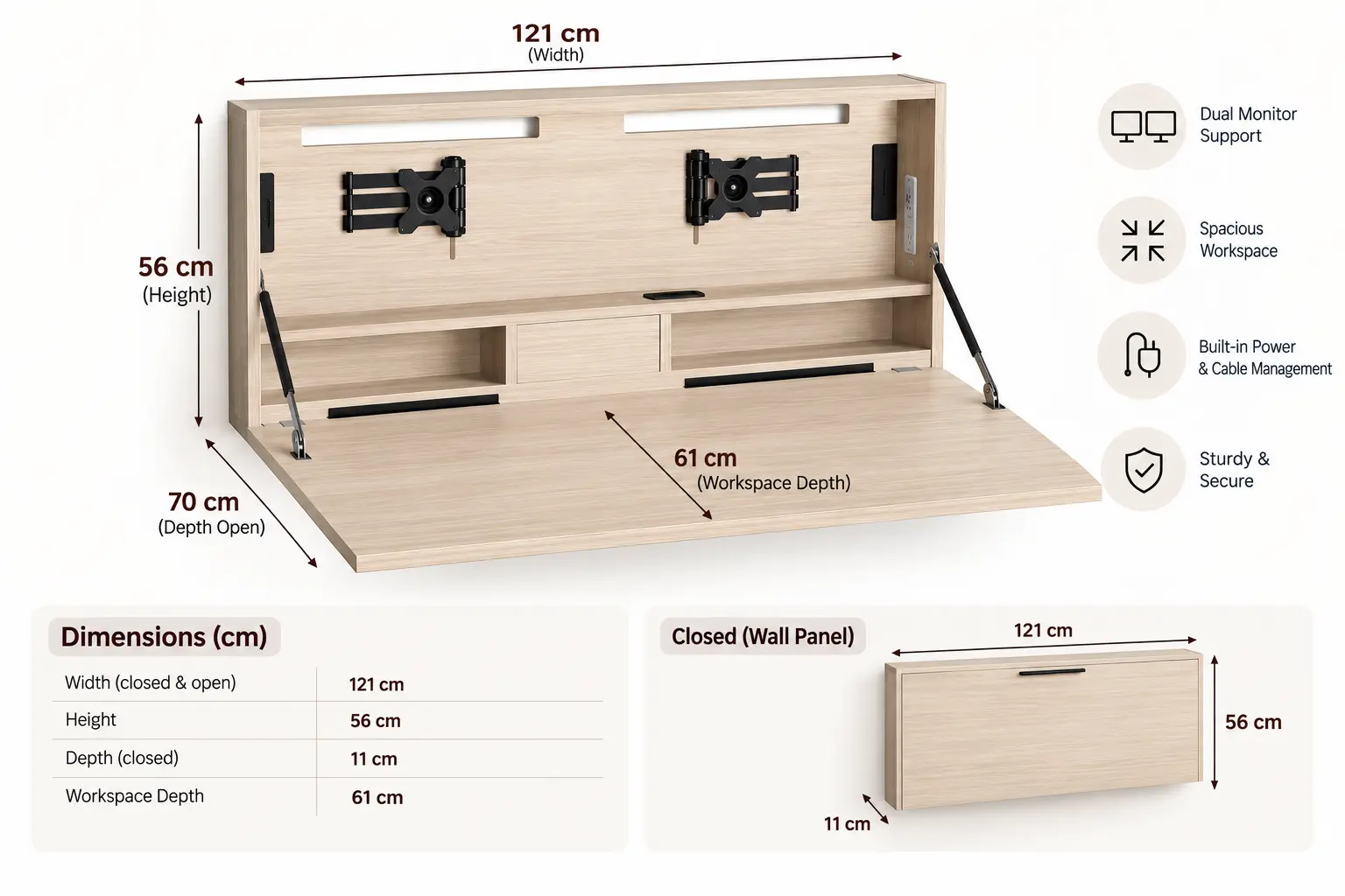 DarDesk Duo Grand fold-away wall-mounted workstation with dual monitor support