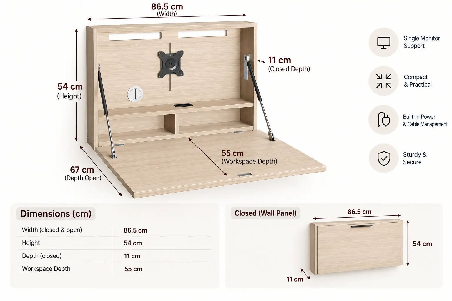 DarDesk Essential small fold-away wall-mounted workstation with dual monitor support